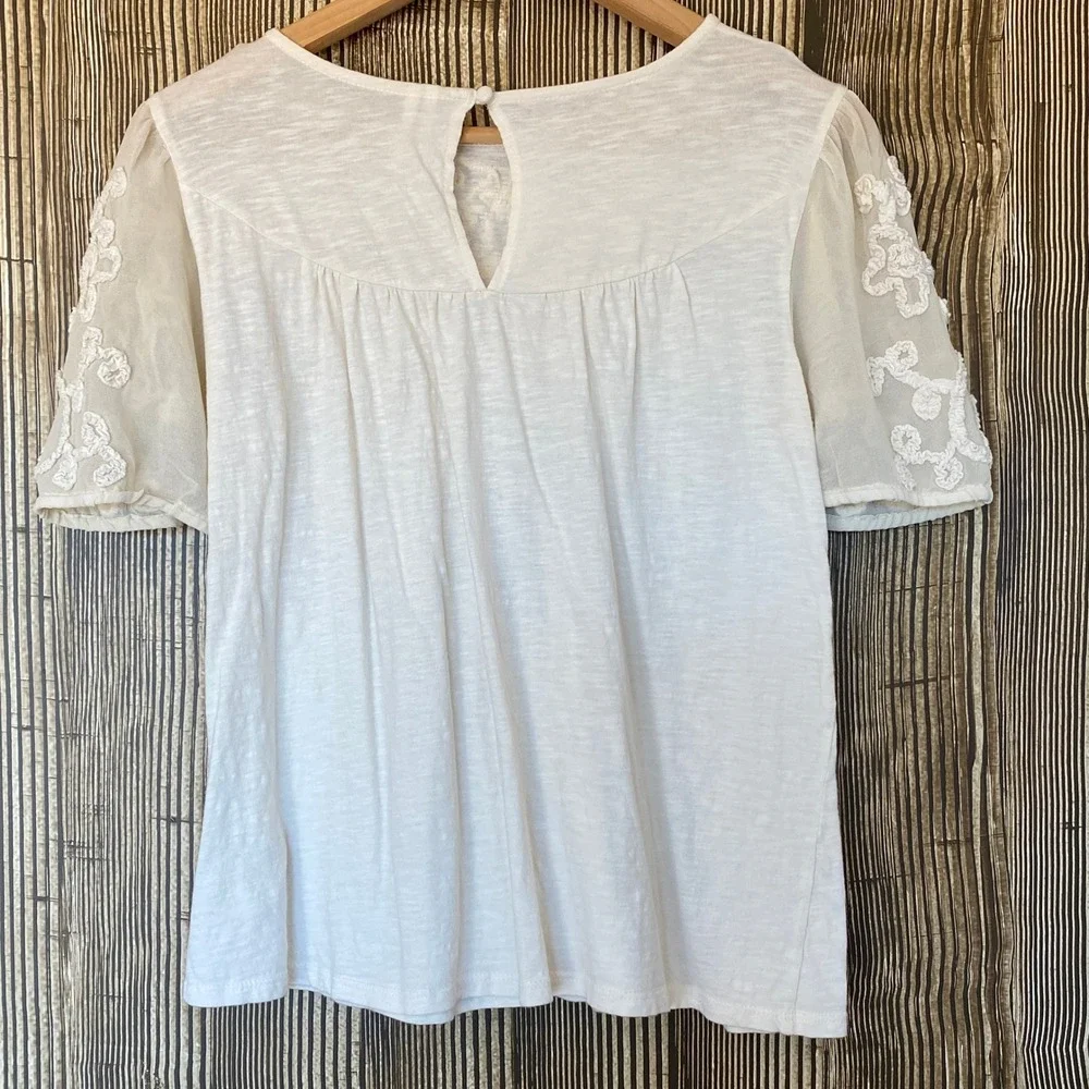 Anthropologie Blouse Sz XS White Embroidered Sheer Lace Puff Sleeve Peasant Boho